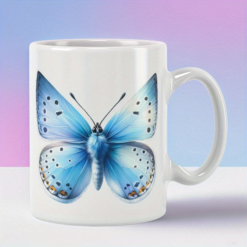 Tailorly White Ceramic 11 oz Mug - Exquisite Blue Winged Creature With Detailed Patterns Displayed On Smooth White Butterfly