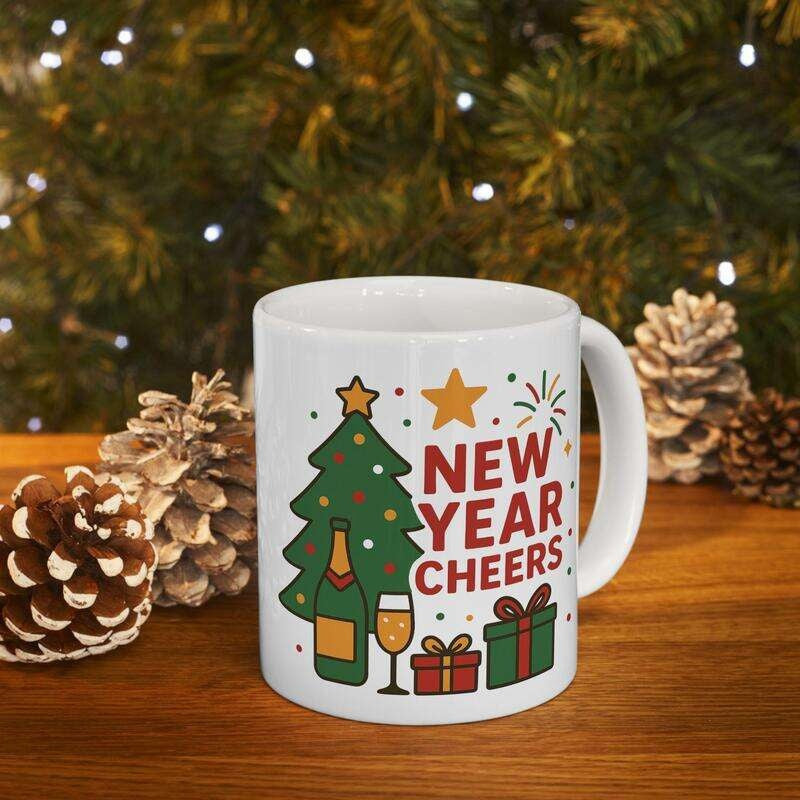 Tailorly White Ceramic 11 oz Mug - New Year Cheers Festive Holiday Decorations Featuring A Bottle With Presents And Christmas Tree