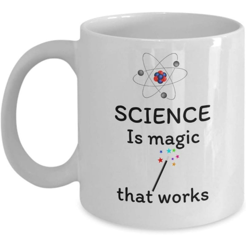 Tailorly White Ceramic 11 oz Mug - Science Is Magic That Works Minimalist Scientific Atom Model Above Magic Wand Creating Colorful Sparkling Stars Design