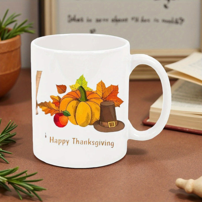 Tailorly White Ceramic 11 oz Mug - Happy Thanksgiving Large Pumpkin With Colorful Autumn Maple Leaves And Pilgrim Hat Mug