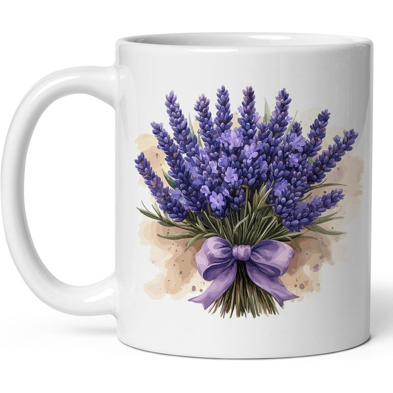 Tailorly White Ceramic 11 oz Mug - Elegant Watercolor Purple Flowers Wrapped In A Soft Silk Ribbon Lavender