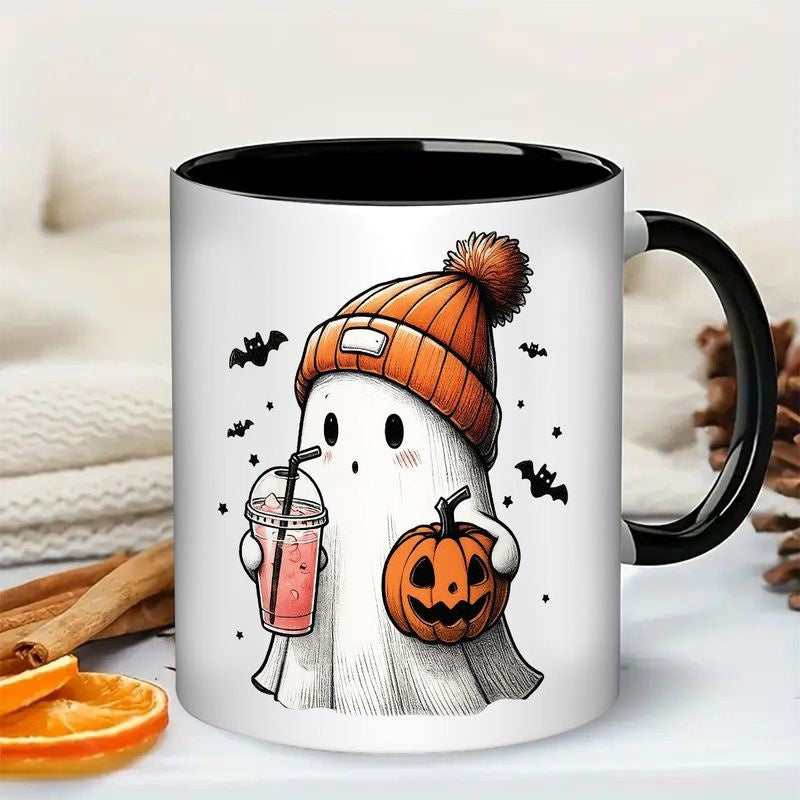 Tailorly Black Accent 11 oz Mug - orange beanie holding jack o lantern