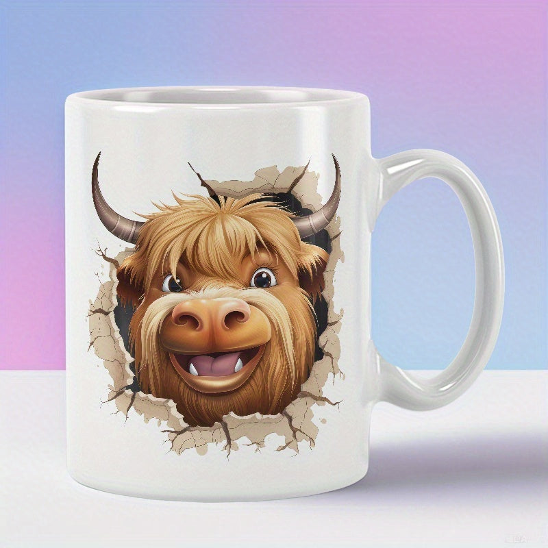 Tailorly White Ceramic 11 oz Mug - Smiling Highland Cow Bursting Through Cracked Paper Background On Ceramic Cow