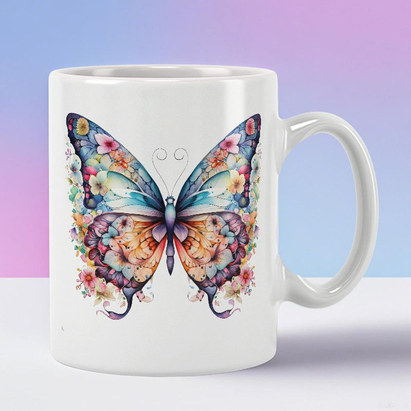 Tailorly White Ceramic 11 oz Mug - Vibrant Colorful Wings With Delicate Floral Patterns Floating In Graceful Motion Butterfly