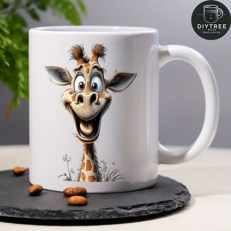 Tailorly White Ceramic 11 oz Mug - Adorable Cartoon Character With Big Eyes And Exciting Smile Happy Giraffe