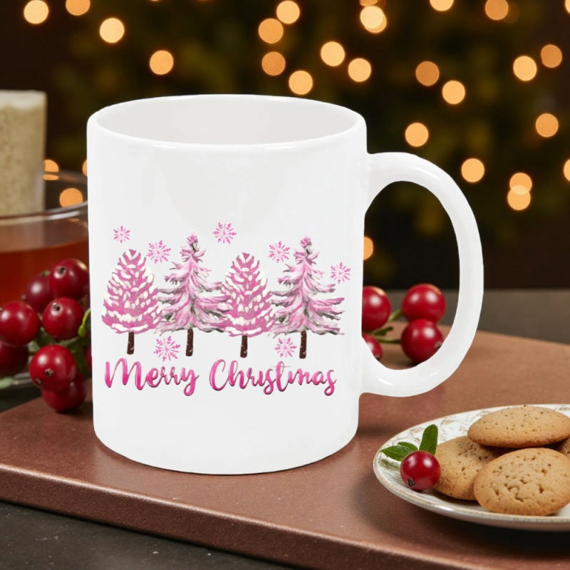 Tailorly White Ceramic 11 oz Mug - Merry Christmas Stylized Pink Christmas Trees And Snowflakes Against A