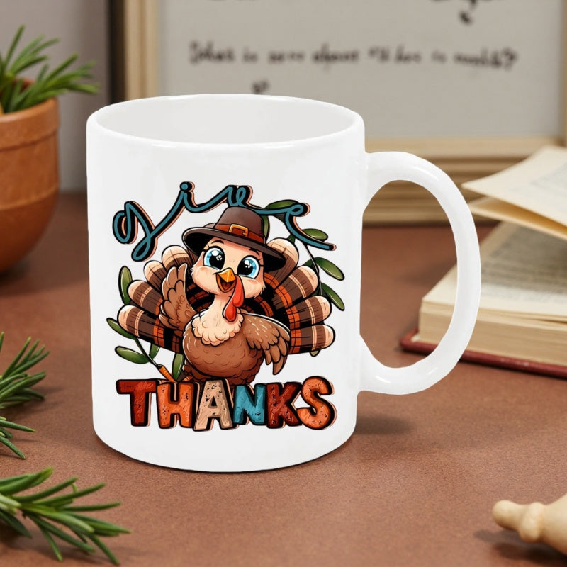 Tailorly White Ceramic 11 oz Mug - Give Thanks Adorable Cartoon Wearing A Pilgrim Hat Among Green Leaves Turkey