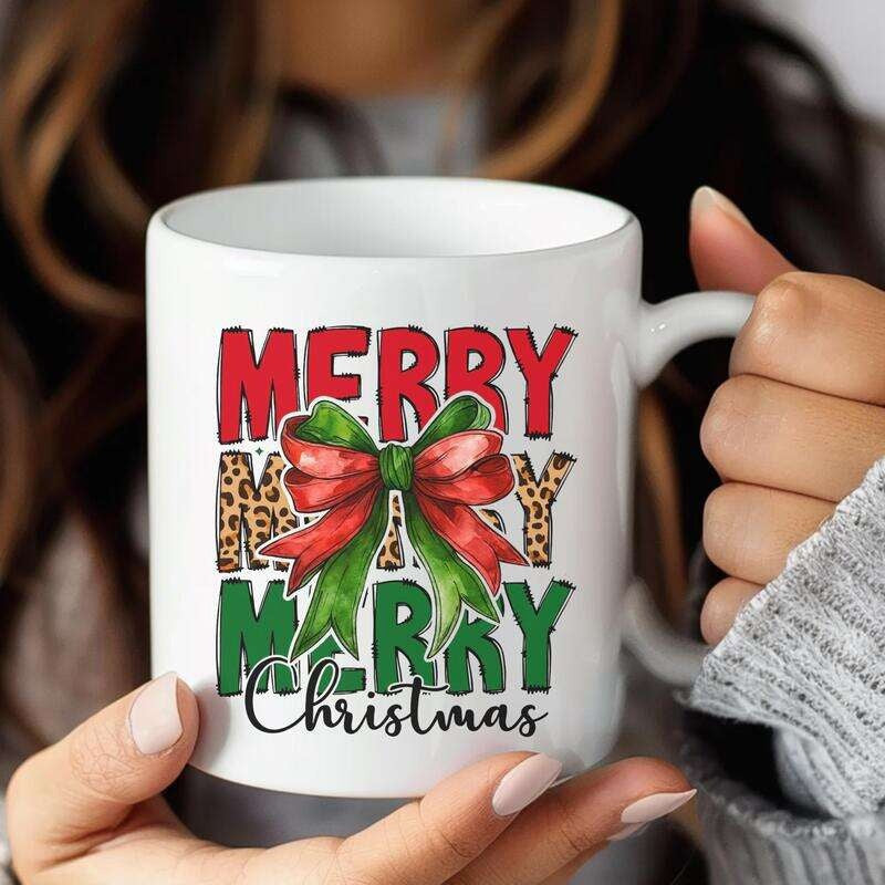 Tailorly White Ceramic 11 oz Mug - Merry Merry Merry Christmas Red And Green Bow With Festive Leopard Print Background Pattern Under Mug