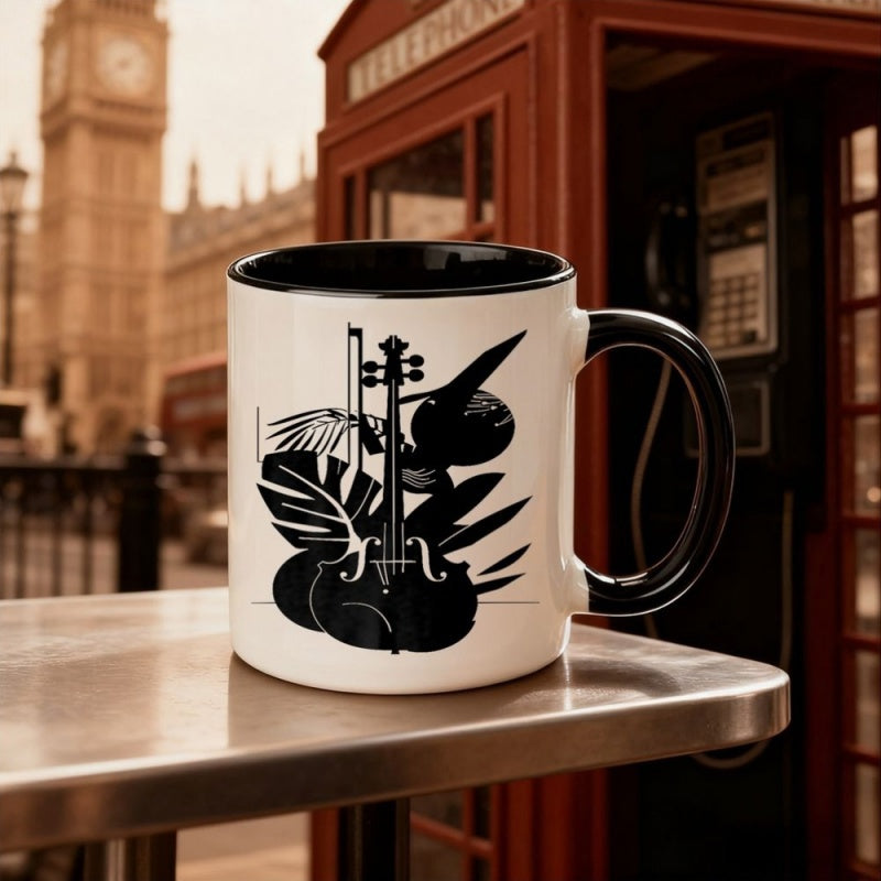 Tailorly Black Accent 11 oz Mug - minimalist black white violin viola with hummingbird tropical leaves graphic design