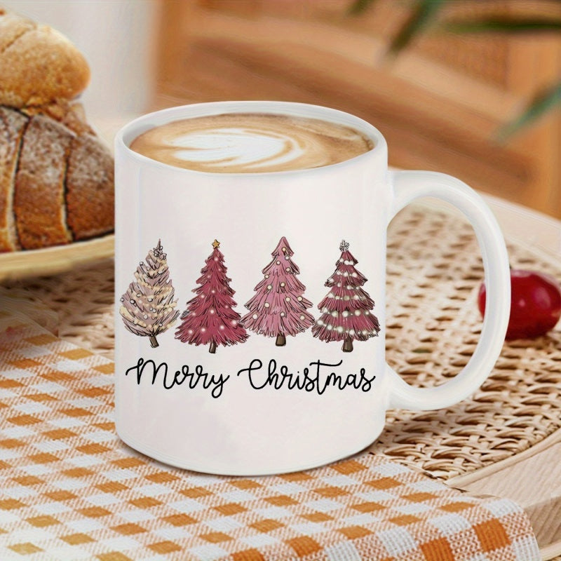 Tailorly White Ceramic 11 oz Mug - Merry Christmas Four Decorative Artistic Trees Painted In Soft Pink And Maroon Tones Christmas Trees