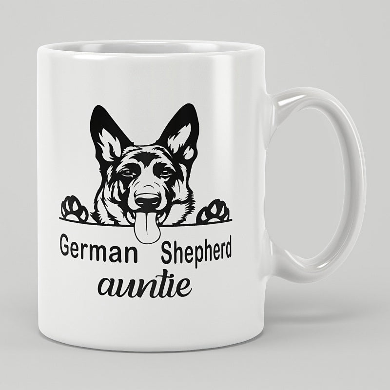 Tailorly White Ceramic 11 oz Mug - German Shepherd Auntie Minimalist Black Ink Drawing Peeking Curiously From Behind A Straight Line German Shepherd