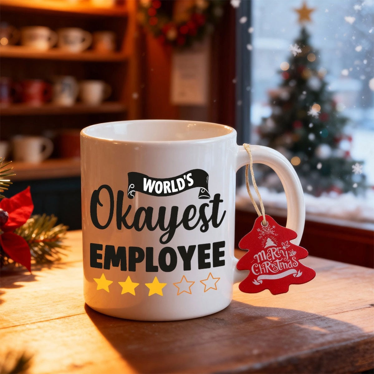 Tailorly White Ceramic 11 oz Mug - World's Okayest Employee Merry Christmas Simple White Ceramic Cup With Sarcastic Rating Text And Red Tag Mug