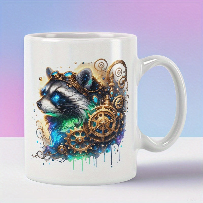 Tailorly White Ceramic 11 oz Mug - Steampunk Style Mechanical Gears With Glowing Blue Eyes Raccoon