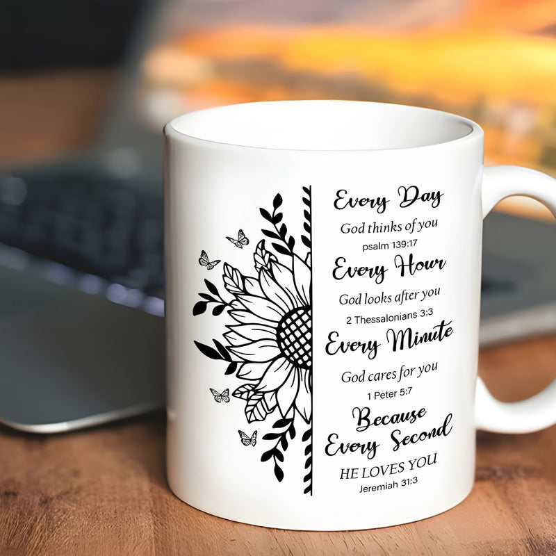Tailorly White Ceramic 11 oz Mug - Every Day Every Hour Every Minute Because Every Second HE LOVES YOU Half Floral Petals With Detailed Butterflies And Natural