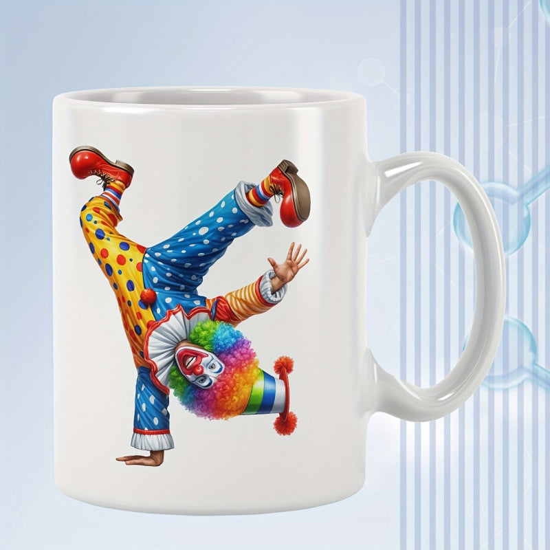 Tailorly White Ceramic 11 oz Mug - Vibrant Colorful Character Performing A Playful Acrobatic Handstand Position Clown