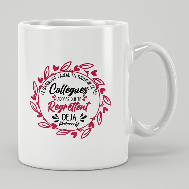 Tailorly White Ceramic 11 oz Mug - Colleagues Circular Heart Leaf Pattern With Red Floral Accents Decorative Wreath