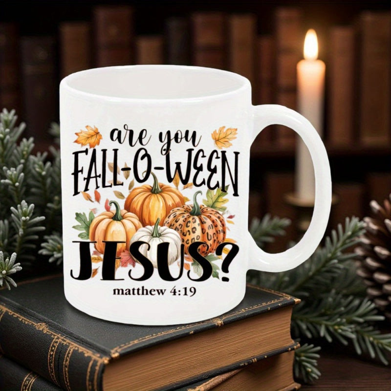Tailorly White Ceramic 11 oz Mug - Are You Fall O Ween Jesus Matthew 4 19 Rustic Harvest Arrangement With Colorful Autumn Leaves And Patterned Pumpkin