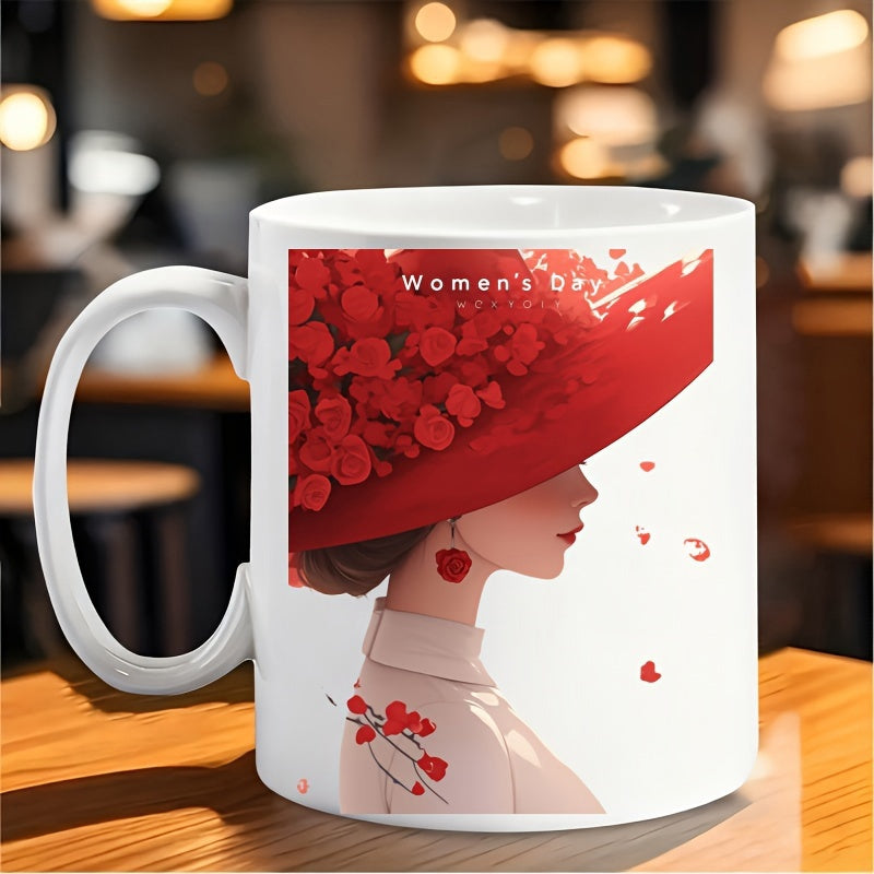 Tailorly White Ceramic 11 oz Mug - Women's Day Elegant Side Profile With Large Red Rose Floral Hat Lady