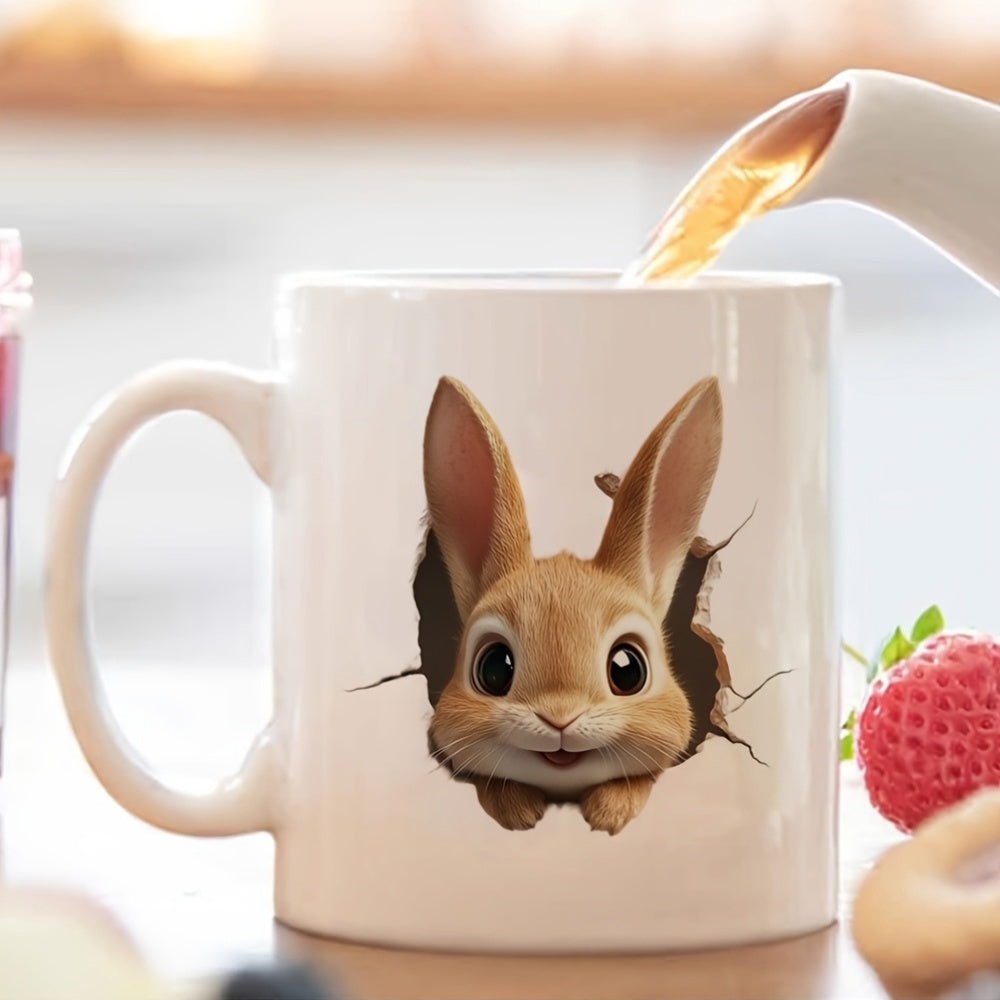 Tailorly White Ceramic 11 oz Mug - Adorable Brown Bunny With Large Eyes Peeking Through A Cracked Hole Rabbit