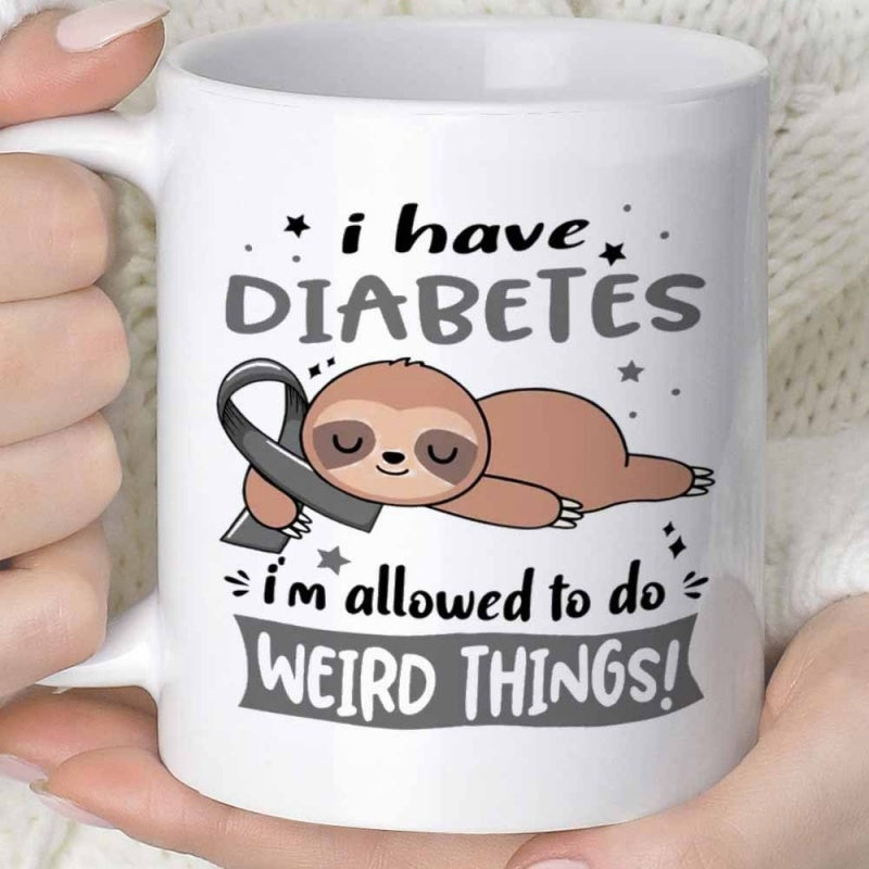 Tailorly White Ceramic 11 oz Mug - I Have Diabetes Im Allowed To Do Weird Things Adorable Cartoon Sloth Resting With A Grey Awareness Ribbon Under Stars Sloth