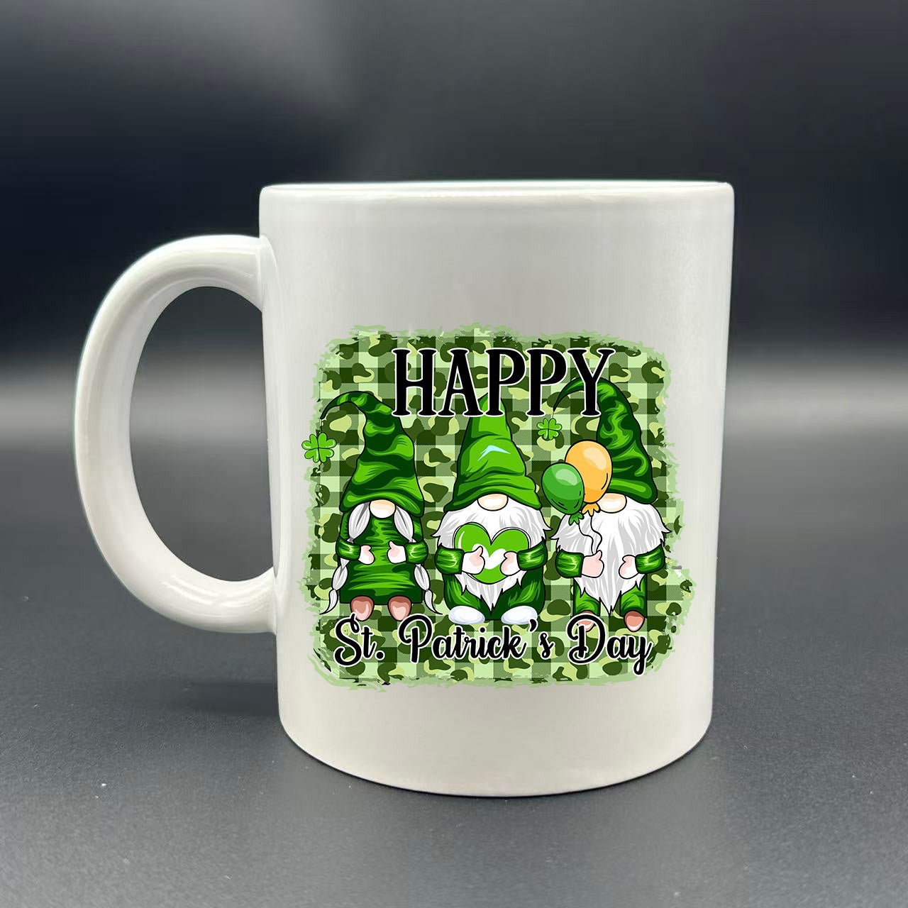 Tailorly White Ceramic 11 oz Mug - Happy St Patrick Day Three Charming Green Gnomes Wearing Festive Hats Among Clover Leaves Gnomes