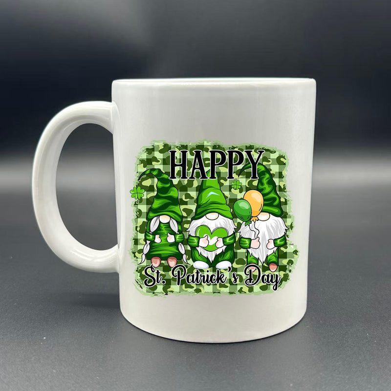 Tailorly White Ceramic 11 oz Mug - Happy St Patrick Day Three Charming Green Gnomes Wearing Festive Hats Among Clover Leaves Gnomes