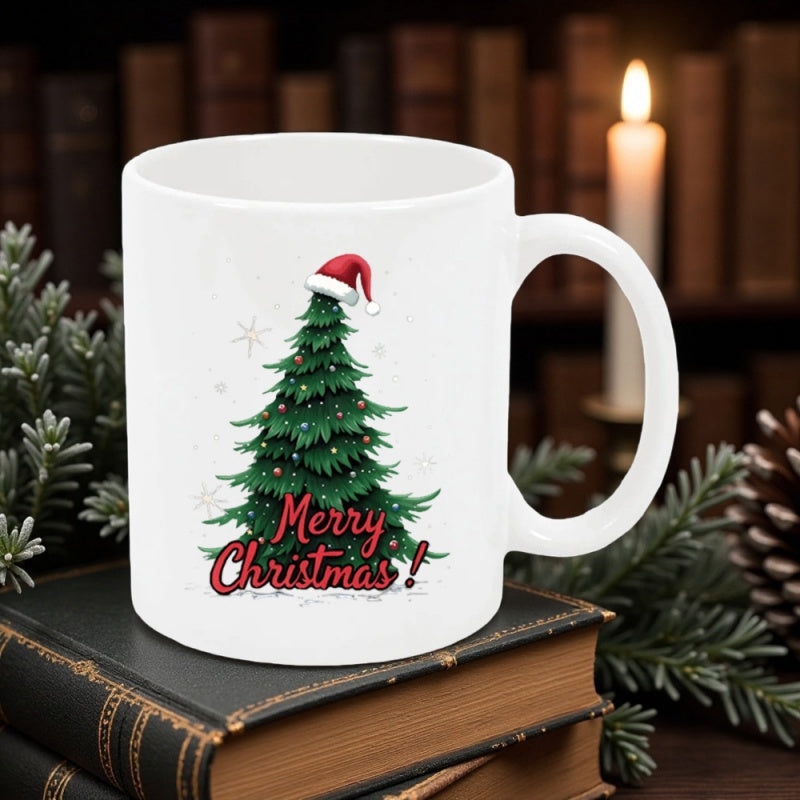 Tailorly White Ceramic 11 oz Mug - Merry Christmas Lush Green Festive Tree Wearing A Tiny Red Santa Hat Tree