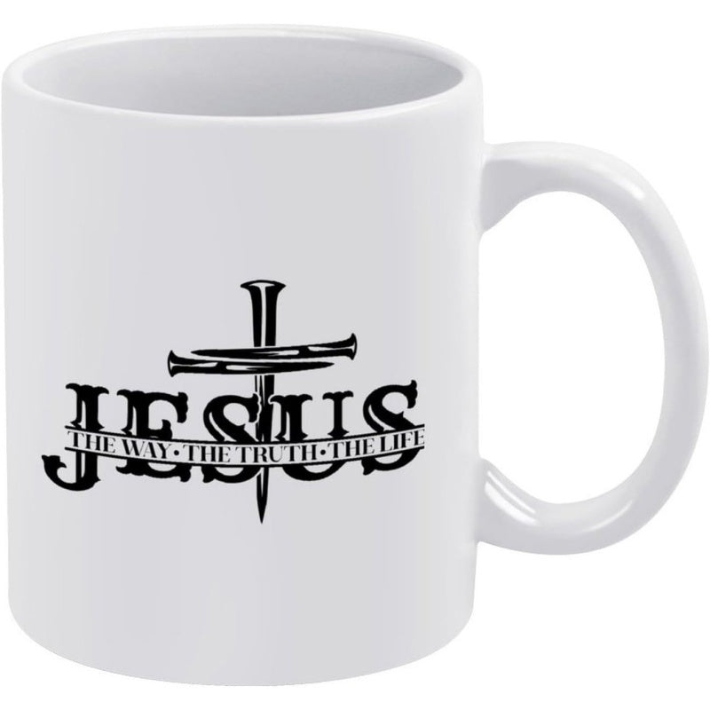 Tailorly White Ceramic 11 oz Mug - Jesus The Way The Truth The Life Symbolic Religious Nail Cross With Rustic Text Elements And Scriptural Meaning Cross