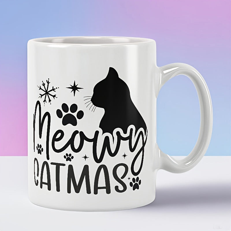 Tailorly White Ceramic 11 oz Mug - Meowy Catmas Minimalist Black Silhouette Featuring Festive Snowflakes And Tiny Paw Prints Cat