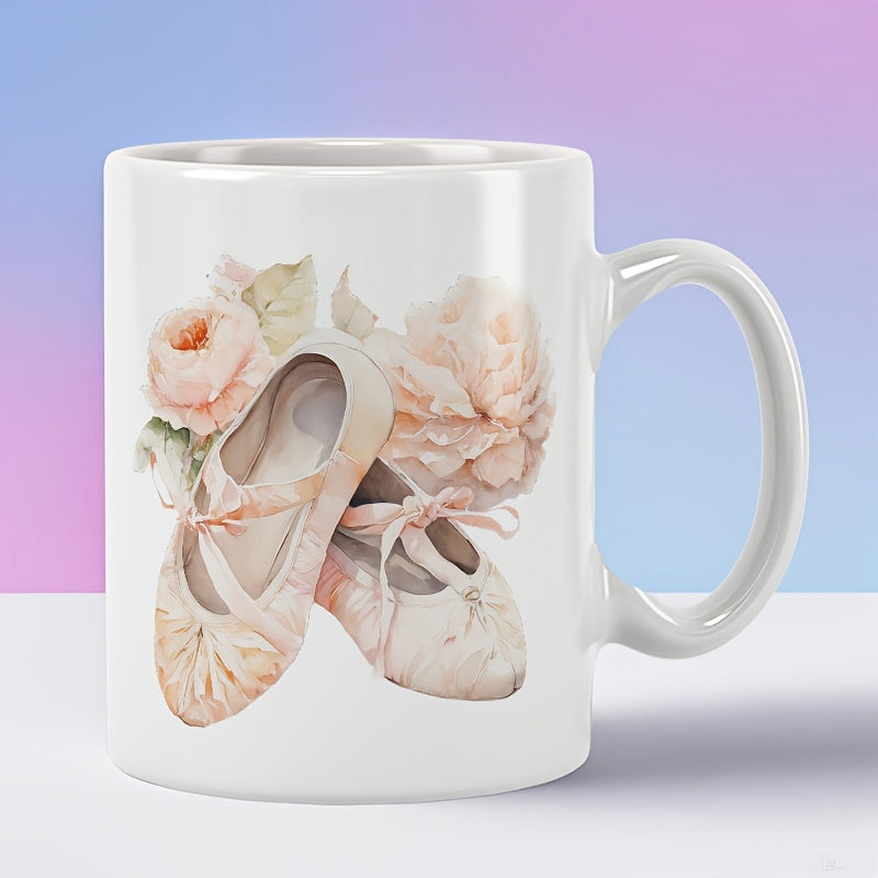 Tailorly White Ceramic 11 oz Mug - Delicate Pink Watercolor Floral Design With Elegant Silk Ribbon Ballet Shoes