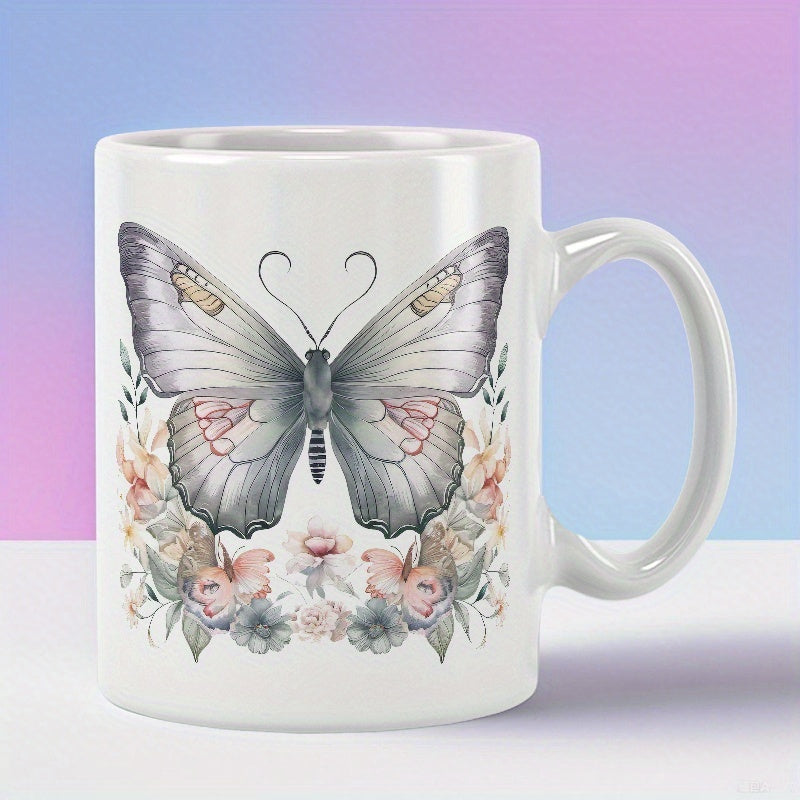 Tailorly White Ceramic 11 oz Mug - Detailed Wings Resting Upon Soft Delicate Floral Blooms And Greenery Butterfly