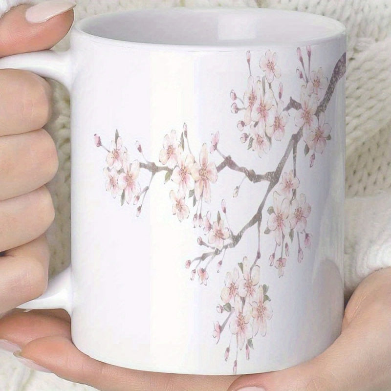 Tailorly White Ceramic 11 oz Mug - Watercolor Style Pink Cherry Blossom Branches Blooming In Spring Nature Sakura