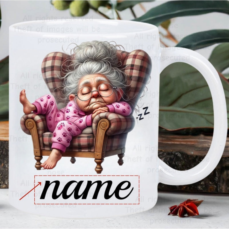 Tailorly White Ceramic 11 oz Mug - Name Peaceful Elderly Woman Napping On Plaid Chair Wearing Pajamas Grandmother