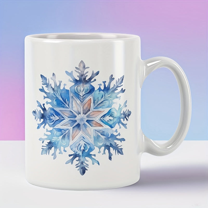 Tailorly White Ceramic 11 oz Mug - Intricate Blue Watercolor Symmetrical Design With Delicate Frozen Winter Crystal Details Snowflake