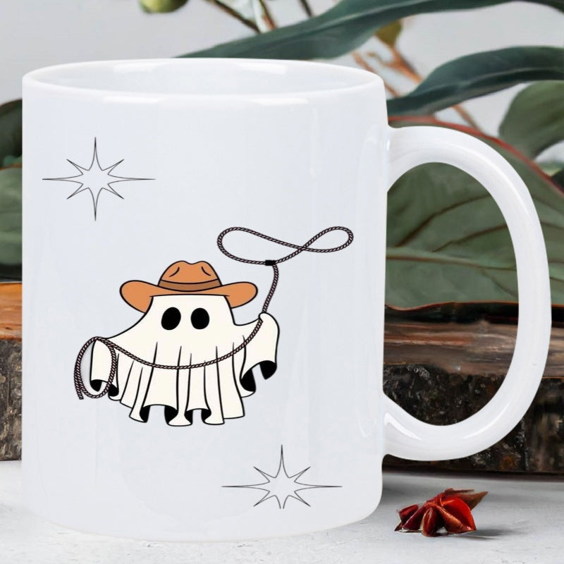 Tailorly White Ceramic 11 oz Mug - Whimsical Sheet Spirit Wearing Brown Cowboy Hat Holding Lasso Ghost
