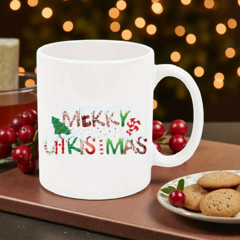 Tailorly White Ceramic 11 oz Mug - Merry Christmas Decorative Holiday Pattern With Christmas Tree And Peppermint Candy Mug