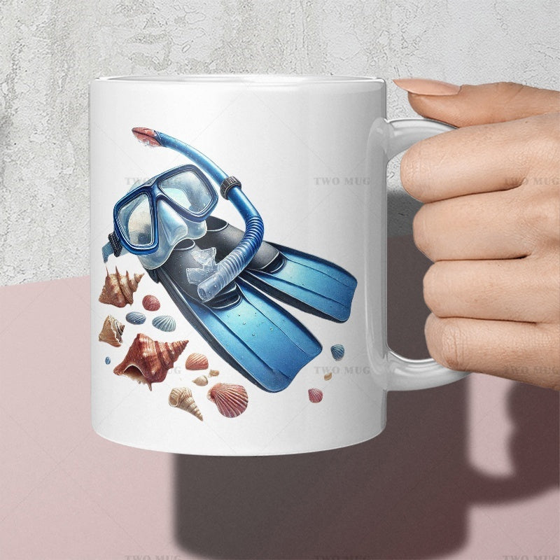 Tailorly White Ceramic 11 oz Mug - Ocean Blue Snorkel Mask And Fins Scattered Among Realistic Coastal Seashells Scuba Gear