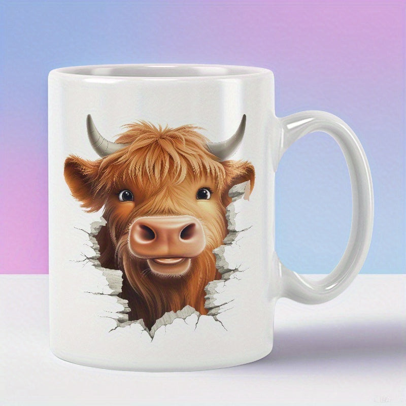 Tailorly White Ceramic 11 oz Mug - Shaggy Brown Fur With Horns Peeking Through A Cracked White Wall Cow