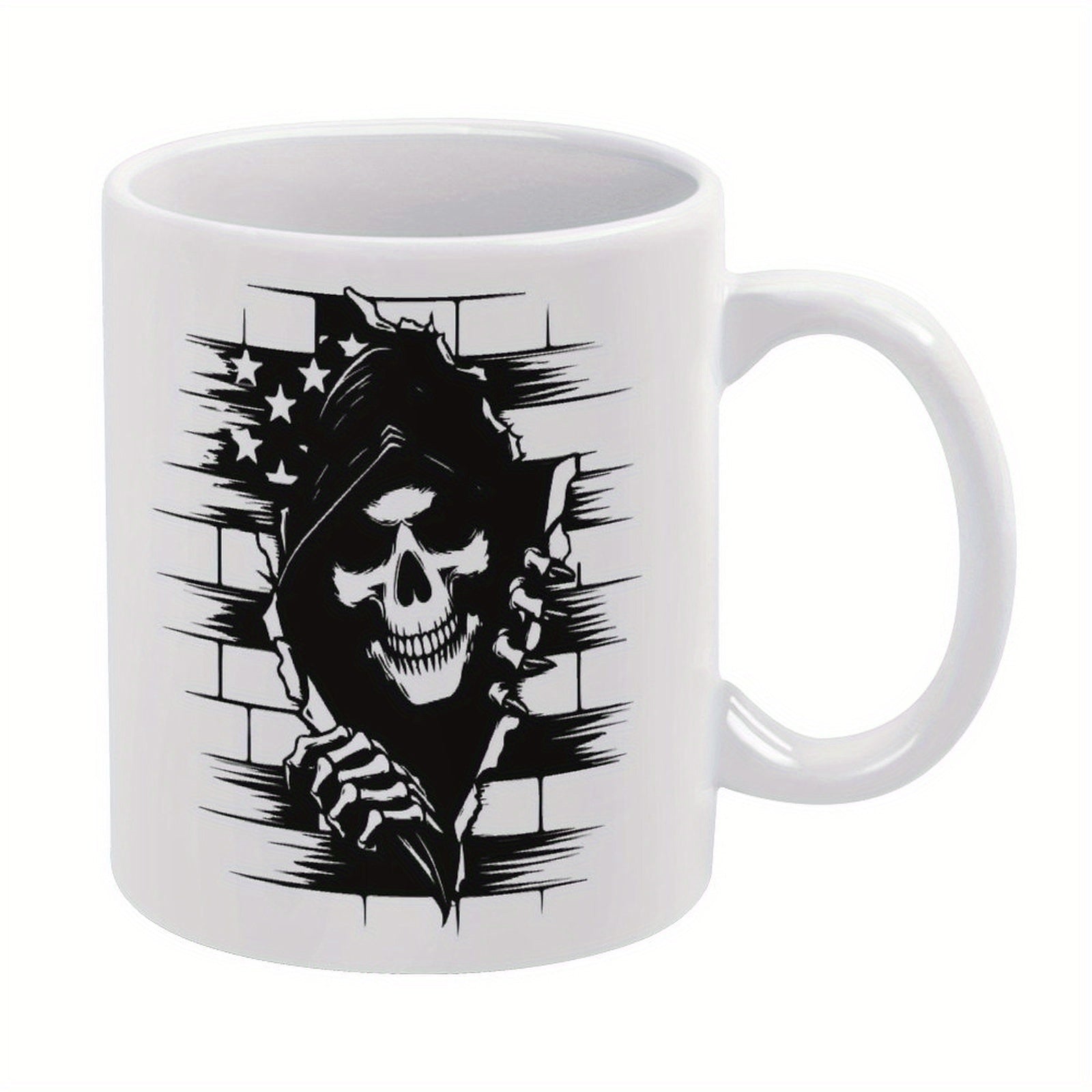 Tailorly White Ceramic 11 oz Mug - Gritty Grim Reaper Ripping Through A Brick Wall Background American Flag Skull