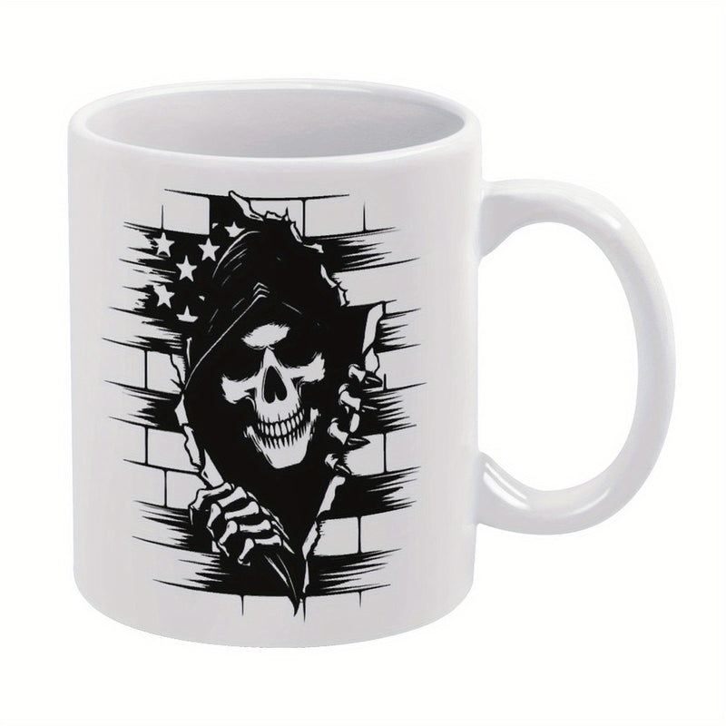 Tailorly White Ceramic 11 oz Mug - Gritty Grim Reaper Ripping Through A Brick Wall Background American Flag Skull