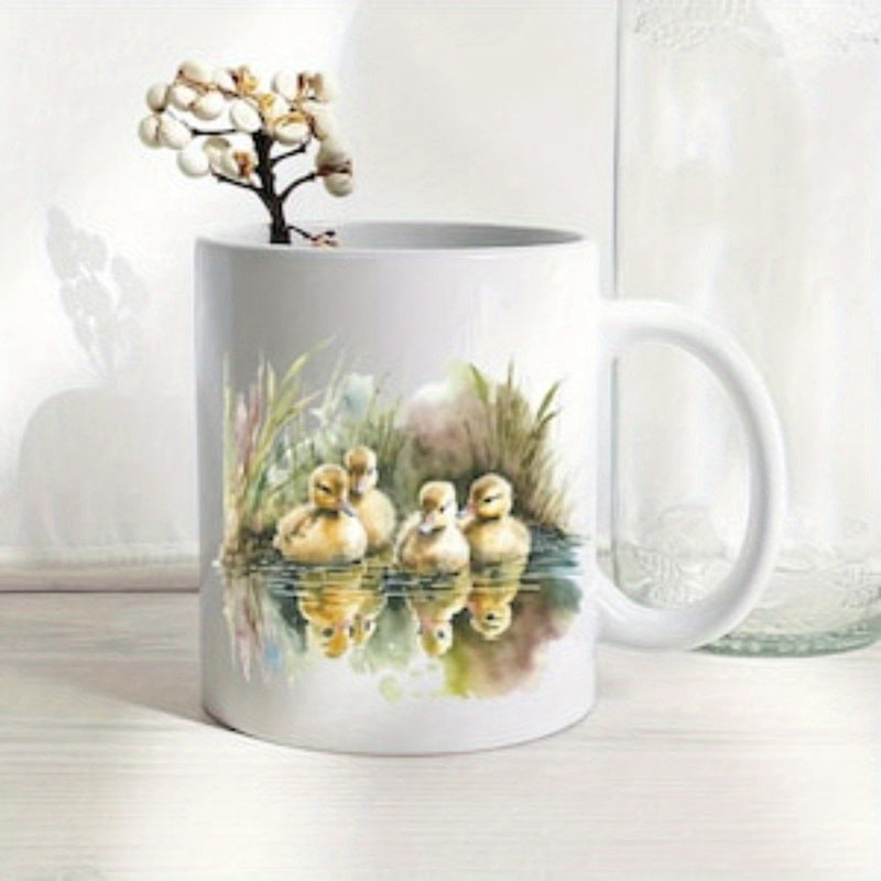 Tailorly White Ceramic 11 oz Mug - Serene Watercolor Ducklings Floating On Gentle Rippling Water Among Green Reeds Duckling