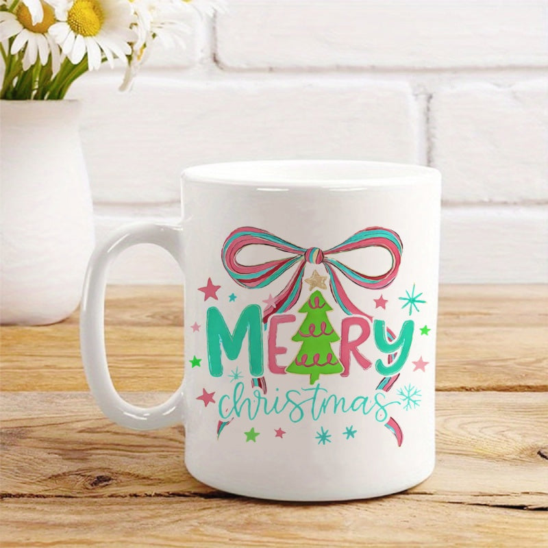 Tailorly White Ceramic 11 oz Mug - Merry Christmas Festive Colorful Bow Featuring Stars And Snowflakes Near A Green Christmas Tree