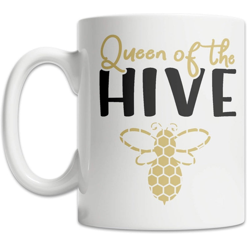 Tailorly White Ceramic 11 oz Mug - Queen Of The Hive Minimalist Golden Stylized Honeycomb Pattern Winged Insect Flying In Center Bee