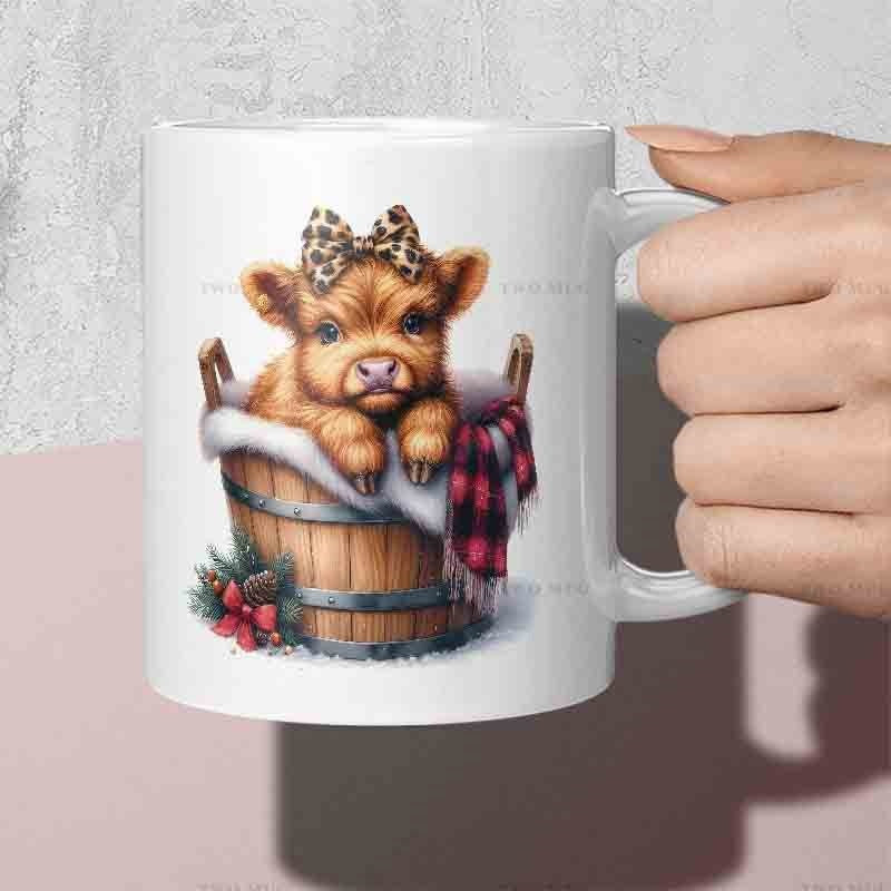 Tailorly White Ceramic 11 oz Mug - Adorable Highland Calf With Leopard Bow Sitting Inside Rustic Wooden Bucket Cow