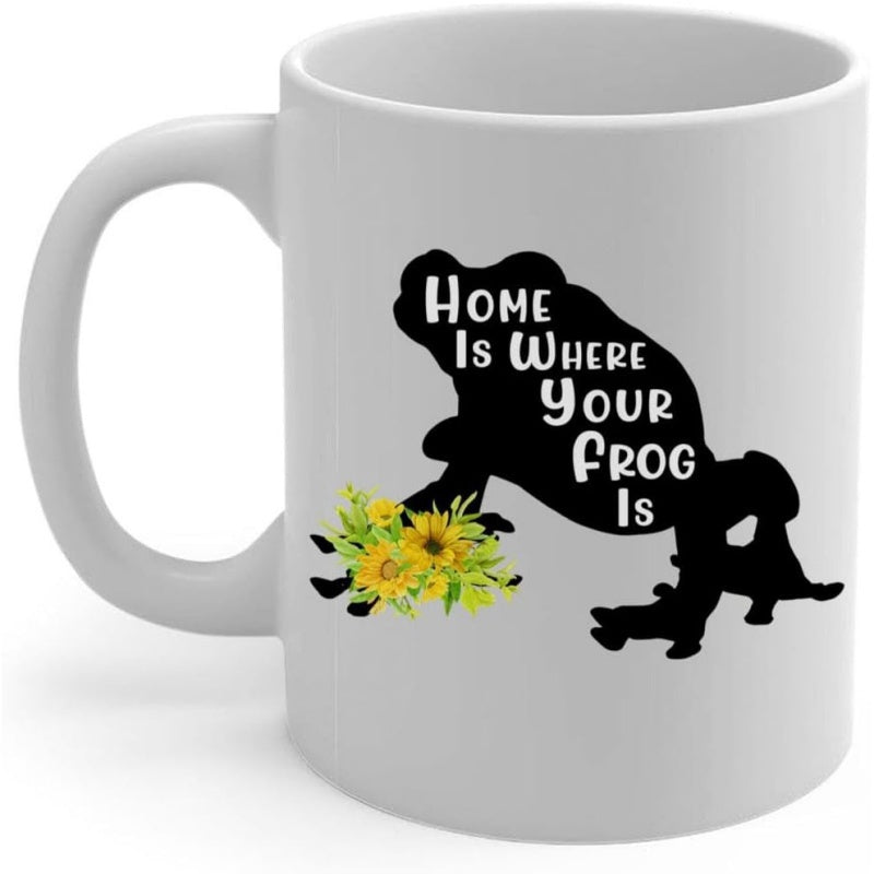 Tailorly White Ceramic 11 oz Mug - Home Is Where Your Frog Is Silhouette Featuring Vibrant Yellow Sunflowers And Delicate Green Leaves Resting Beside A Frog