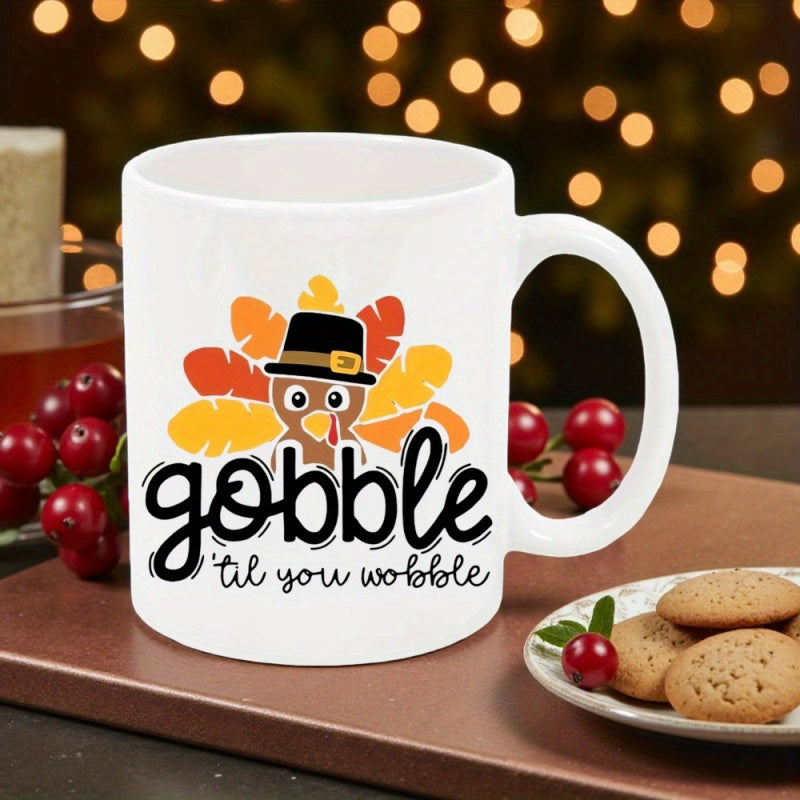 Tailorly White Ceramic 11 oz Mug - Gobble Til You Wobble Cute Cartoon Pilgrim Turkey Wearing Black Hat Among Autumn Feathers Turkey