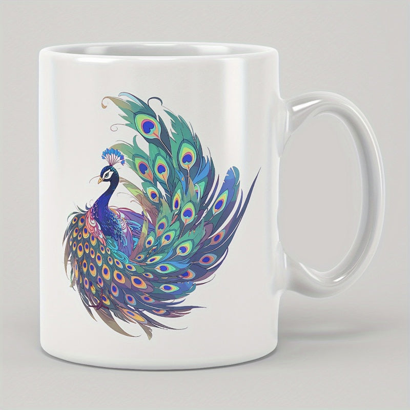 Tailorly White Ceramic 11 oz Mug - Vibrant Colorful Feathers Displaying In A Majestic Elegant Artistic Style Peacock