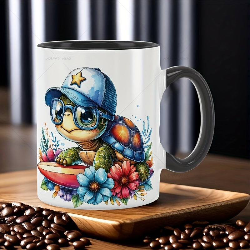 Tailorly Black Accent 11 oz Mug - sea turtle surrounded by flowers on surfboard