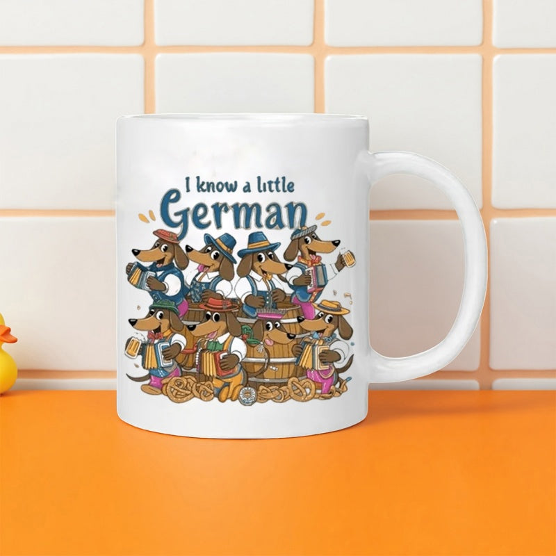 Tailorly White Ceramic 11 oz Mug - I Know A Little German Playful Cartoon Wiener Dogs Wearing Traditional Bavarian Outfits Dachshund