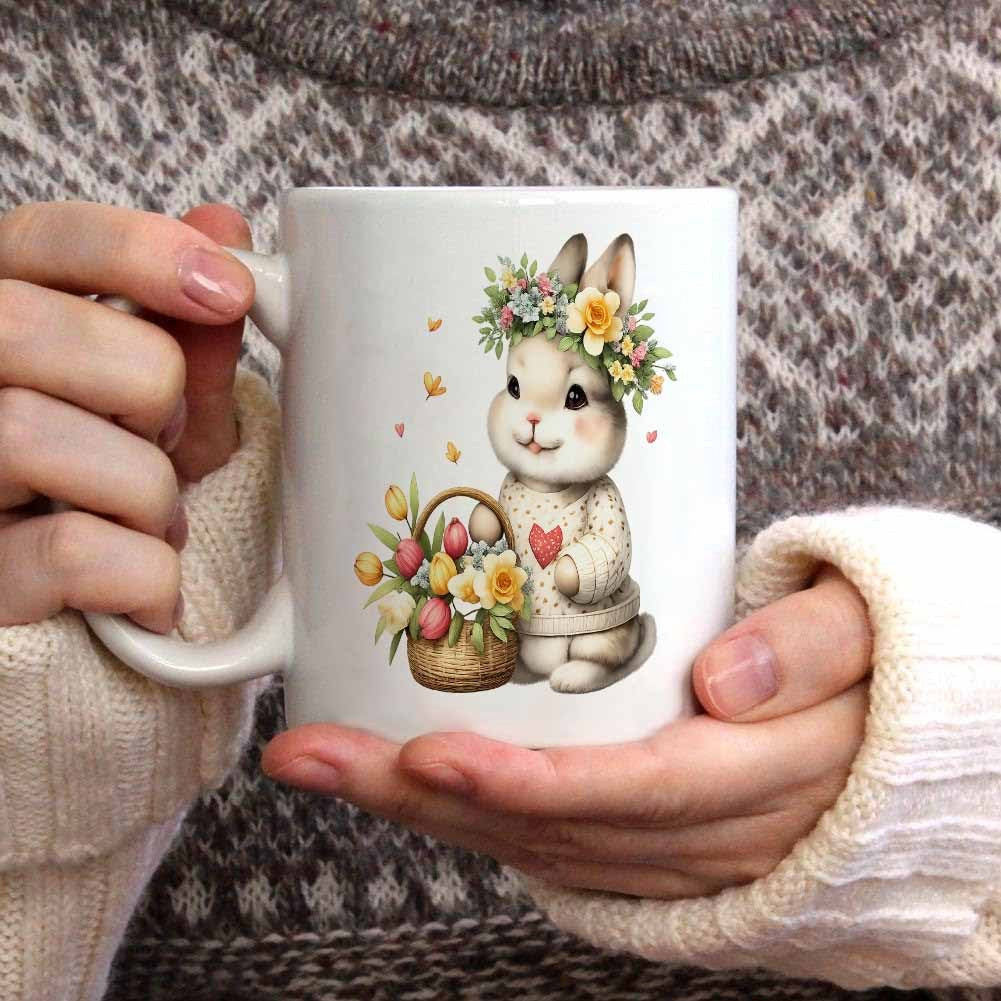 Tailorly White Ceramic 11 oz Mug - Cute Little Animal Wearing Flower Wreath Beside Basket Of Tulips Rabbit